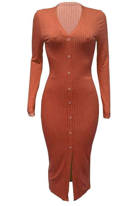 Black Women Ribber Split Long Sleeve V Collar Single-Breasted Solid Color Bodycon Sexy Midi Dress Q969-3