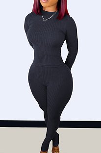 Black Wholesale Newest Ribber Long Sleeve O Neck T-Shirts Bodycon Pants Slim Fitting Solid Color Sets TC095-5
