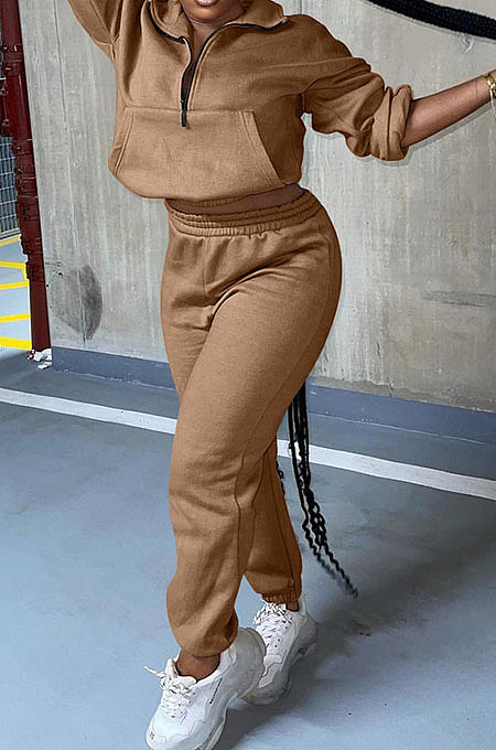 Brow Autumn Winter Long Sleeve Zip Front Jumper Mid Waist Ankle Banded Pants Sport Sets TC089-1