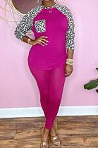 Rose Red Cotton Blend Leopard Print Spliced Long Sleeve Round Neck T-Shirts Pencil Pants Sport Sets YM220-3