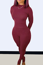 Wine Red Wholesale Newest Ribber Long Sleeve O Neck T-Shirts Bodycon Pants Slim Fitting Solid Color Sets TC095-3