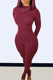 Wine Red Wholesale Newest Ribber Long Sleeve O Neck T-Shirts Bodycon Pants Slim Fitting Solid Color Sets TC095-3