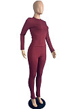 Black Wholesale Newest Ribber Long Sleeve O Neck T-Shirts Bodycon Pants Slim Fitting Solid Color Sets TC095-5