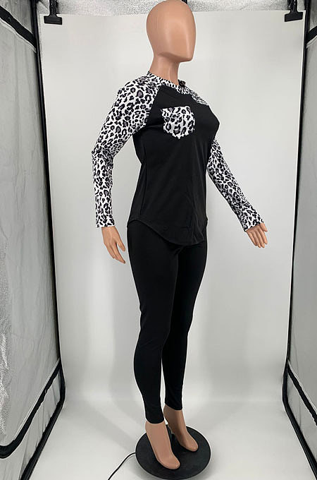 Rose Red Cotton Blend Leopard Print Spliced Long Sleeve Round Neck T-Shirts Pencil Pants Sport Sets YM220-3