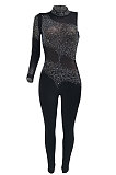 White Woemn Autumn Winter Sexy Coloured Diamond Perspectivity Bling Bling Bodycon Jumpsuits Q966-1