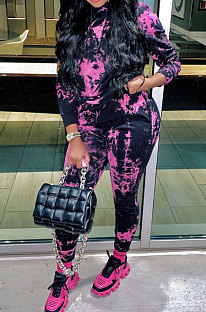 Rose Red Cotton Blend Simple Tie Dye Printing Long Sleeve Hoodie Trousers Sport Sets TC046-4