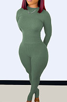 Grey Green Wholesale Newest Ribber Long Sleeve O Neck T-Shirts Bodycon Pants Slim Fitting Solid Color Sets TC095-2