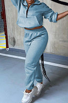 Sky Blue Autumn Winter Long Sleeve Zip Front Jumper Mid Waist Ankle Banded Pants Sport Sets TC089-3