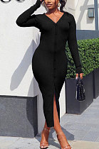 Black Women Ribber Split Long Sleeve V Collar Single-Breasted Solid Color Bodycon Sexy Midi Dress Q969-3