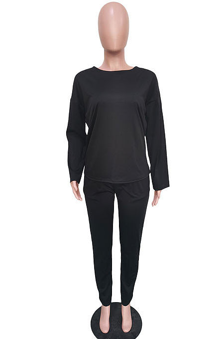 Light Blue Simple Wholesale Long Sleeve Round Neck T-Shirts Trousers Solid Color Sets BBN202-1