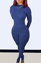 Blue Wholesale Newest Ribber Long Sleeve O Neck T-Shirts Bodycon Pants Slim Fitting Solid Color Sets TC095-1 