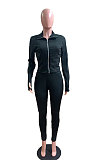 Pink Wholesale Pure Color Long Sleeve Zip Front Tops Trousers Slim Fitting Sport Sets TC043-7