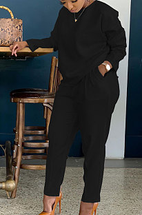 Black Simple Wholesale Long Sleeve Round Neck T-Shirts Trousers Solid Color Sets BBN202-4