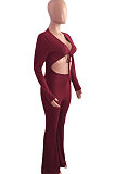 Wine Red Sexy Club Ribber Long Sleeve Cardigan Strapless Hollow Out Flare Jumpsuits QZ6129-1