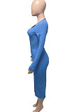 Blue Women Ribber Split Long Sleeve V Collar Single-Breasted Solid Color Bodycon Sexy Midi Dress Q969-1