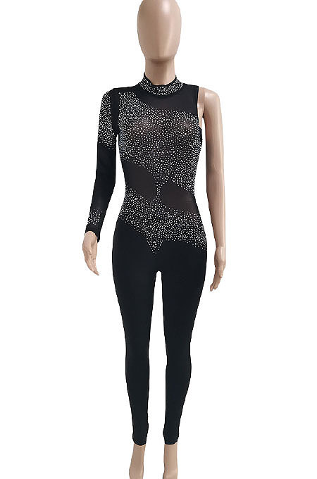 Black Woemn Autumn Winter Sexy Coloured Diamond Perspectivity Bling Bling Bodycon Jumpsuits Q966-2