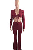 Black Sexy Club Ribber Long Sleeve Cardigan Strapless Hollow Out Flare Jumpsuits QZ6129-2