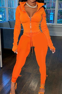 Orange Wholesale Pure Color Long Sleeve Zip Front Tops Trousers Slim Fitting Sport Sets TC043-2