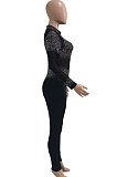 Black Woemn Autumn Winter Sexy Coloured Diamond Perspectivity Bling Bling Bodycon Jumpsuits Q966-2