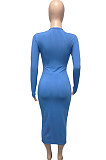 Black Women Ribber Split Long Sleeve V Collar Single-Breasted Solid Color Bodycon Sexy Midi Dress Q969-3