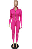 Pink Wholesale Pure Color Long Sleeve Zip Front Tops Trousers Slim Fitting Sport Sets TC043-7