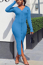 Blue Women Ribber Split Long Sleeve V Collar Single-Breasted Solid Color Bodycon Sexy Midi Dress Q969-1