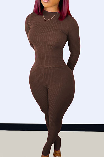 Brown Wholesale Newest Ribber Long Sleeve O Neck T-Shirts Bodycon Pants Slim Fitting Solid Color Sets TC095-4