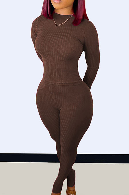 Brown Wholesale Newest Ribber Long Sleeve O Neck T-Shirts Bodycon Pants Slim Fitting Solid Color Sets TC095-4