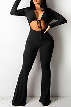 Black Sexy Club Ribber Long Sleeve Cardigan Strapless Hollow Out Flare Jumpsuits QZ6129-2
