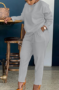 Grey Simple Wholesale Long Sleeve Round Neck T-Shirts Trousers Solid Color Sets BBN202-7