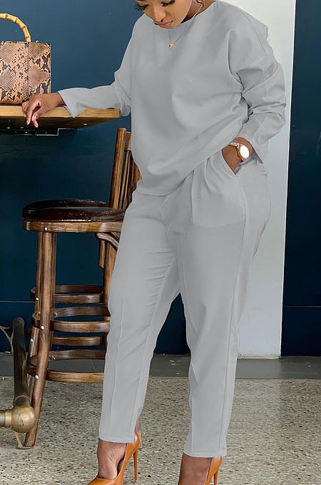 Grey Simple Wholesale Long Sleeve Round Neck T-Shirts Trousers Solid Color Sets BBN202-7
