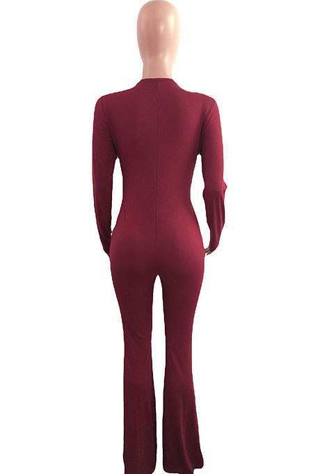 Wine Red Sexy Club Ribber Long Sleeve Cardigan Strapless Hollow Out Flare Jumpsuits QZ6129-1
