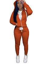 Orange Euramerican Women Pure Color Skinny Drawstring Cradigan Hooded Fleece Bodycon Pants Sets XQ1152-3