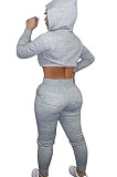 Black Women Cardigan Short Crop Zipper Hooded Tops Casual Pants Sets Q973-2