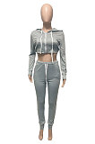 Black Women Cardigan Short Crop Zipper Hooded Tops Casual Pants Sets Q973-2