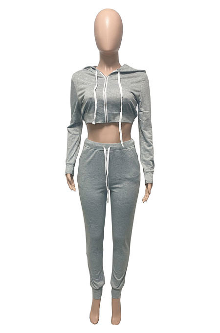 Black Women Cardigan Short Crop Zipper Hooded Tops Casual Pants Sets Q973-2