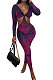 Wine Red Women Fashion Sexy Printing V Collar Dew Waist Bodycon Jumpsuits BYQ1030