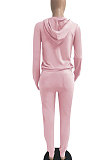 Brown Euramerican Women Pure Color Skinny Drawstring Cradigan Hooded Fleece Bodycon Pants Sets XQ1152-9