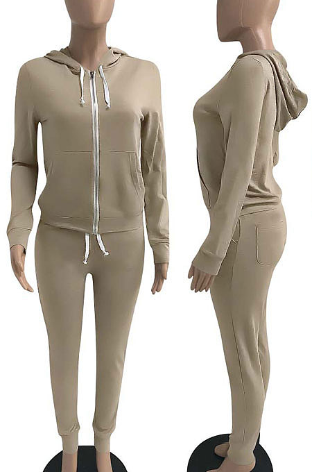 Army Green Euramerican Women Pure Color Skinny Drawstring Cradigan Hooded Fleece Bodycon Pants Sets XQ1152-10