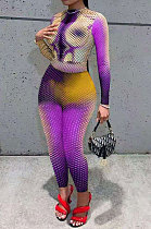 Purple Orange Women Long Sleeve Round Collar Fashion Positioning Printing Bodycon Pants Sets AMN8027-3