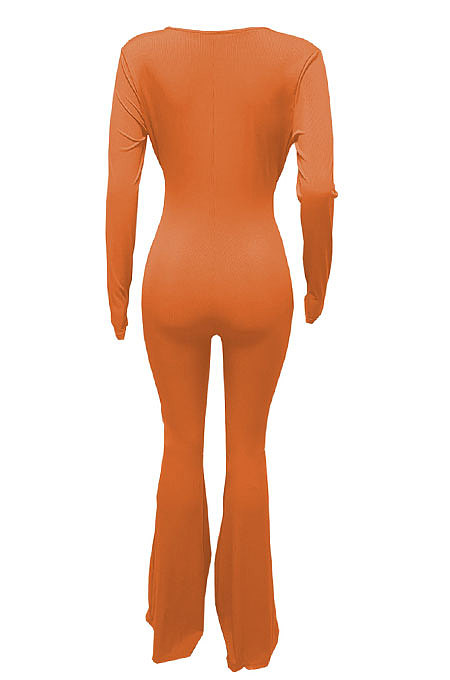 Orange Women Solid Color Ribber Tied Crop High Waist Tiny Flared Bodycon Jumpsuits Q971-2