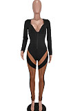 Black Euramerican Women Fashion Spliced Mesh Spaghetti Perspectivity Zipper Bodycon Jumpsuits BYQ1029
