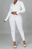 Black Euramerican Women Solid Color Ribber High Collar Zipper Sexy High Elastic Bodycon Pants Sets QQM4333-3