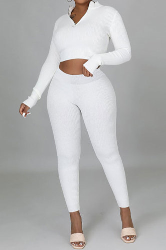 Black Euramerican Women Solid Color Ribber High Collar Zipper Sexy High Elastic Bodycon Pants Sets QQM4333-3
