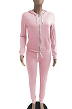 Pink Euramerican Women Pure Color Skinny Drawstring Cradigan Hooded Fleece Bodycon Pants Sets XQ1152-1