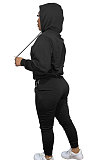 Black Women Autumn Winter Pure Color Hooded Fleece Pullover Casual Pants Sets Q972-3