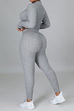Gray Euramerican Women Solid Color Ribber High Collar Zipper Sexy High Elastic Bodycon Pants Sets QQM4333-1