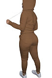 Brown Euramerican Women Pure Color Skinny Drawstring Cradigan Hooded Fleece Bodycon Pants Sets XQ1152-9