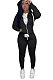 Black Euramerican Women Pure Color Skinny Drawstring Cradigan Hooded Fleece Bodycon Pants Sets XQ1152-4