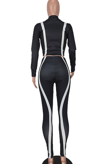 Black Women Trendy Casual Long Sleeve Cardigan Zipper Dew Waist Sport Pants Sets BYQ1032